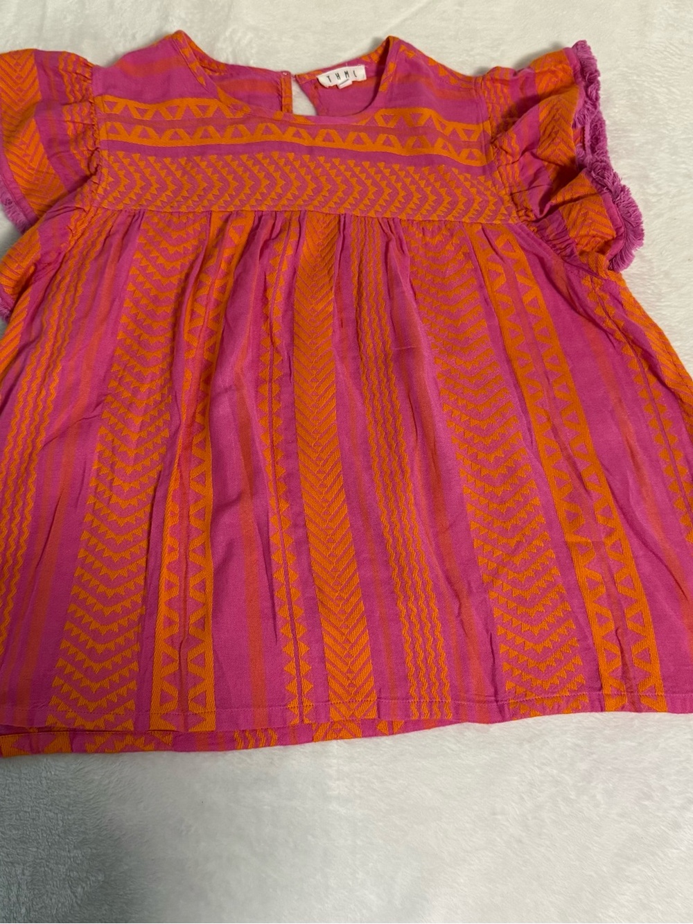 THML Women’s Large Pink Orange Geometric Blouse Flutter Sleeve Boho Top